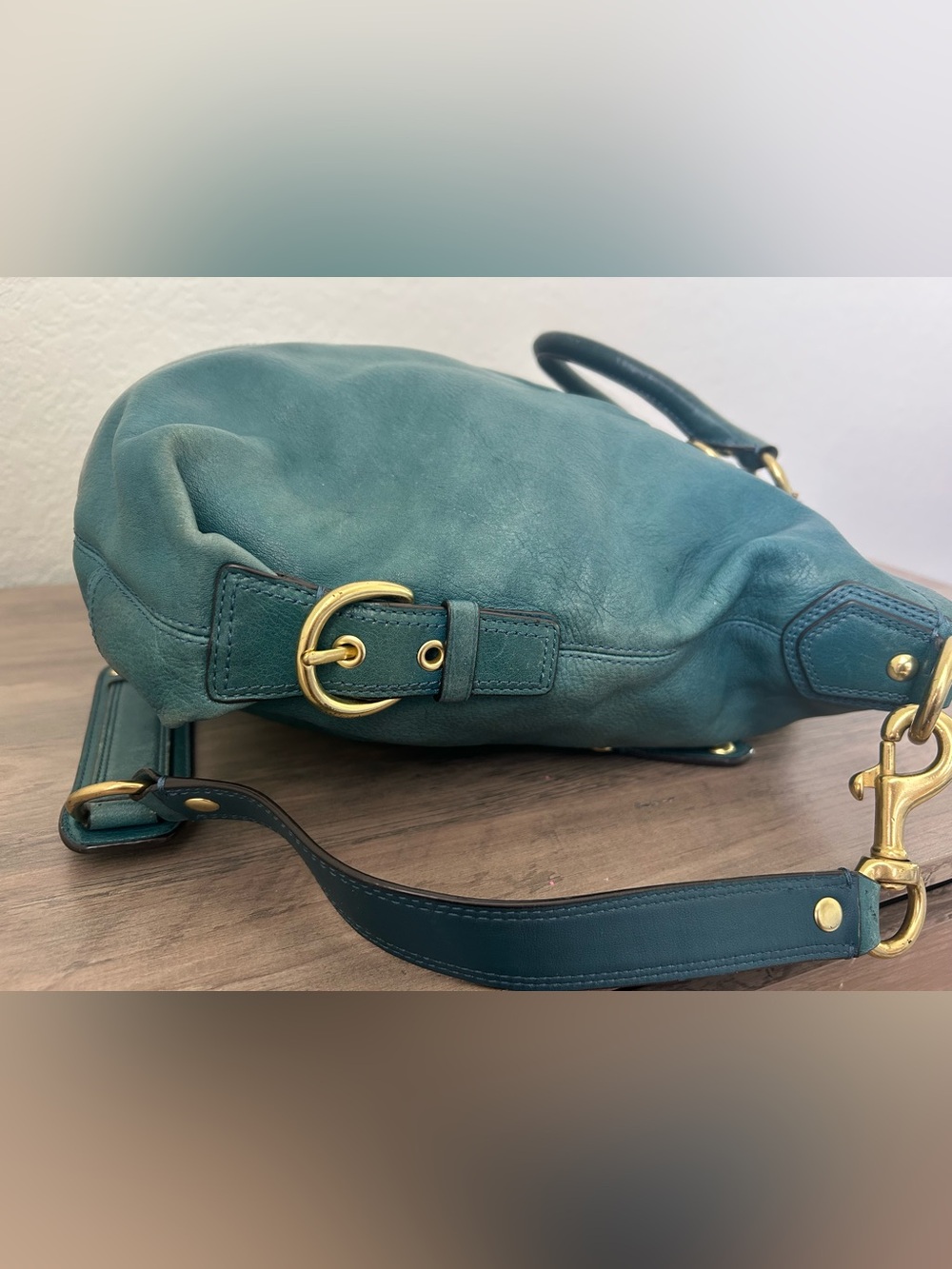 Coach Madison Leather Julianne Tote Teal and Gold Shoulder Bag Purse Handbag - Picture 5 of 12